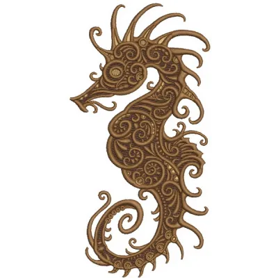 Fancy sea horse embroidery design featuring intricate details, perfect for stitching on apparel or home decor.