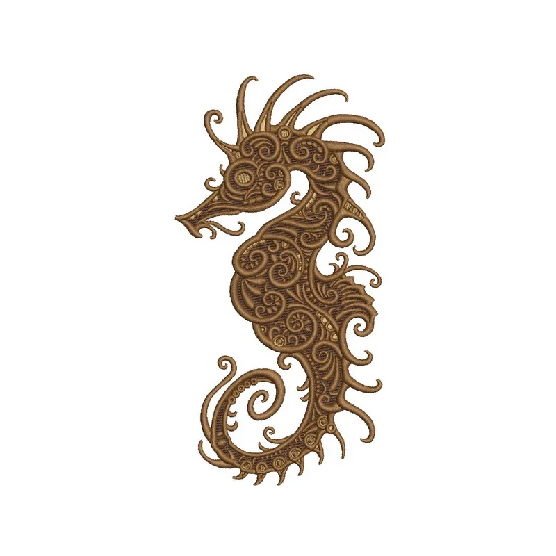 Fancy sea horse embroidery design featuring intricate details, perfect for stitching on apparel or home decor.