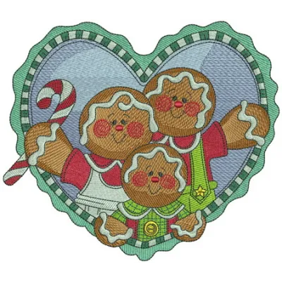 Gingerbread family embroidery design showcasing cheerful cookie characters, perfect for holiday stitching projects.