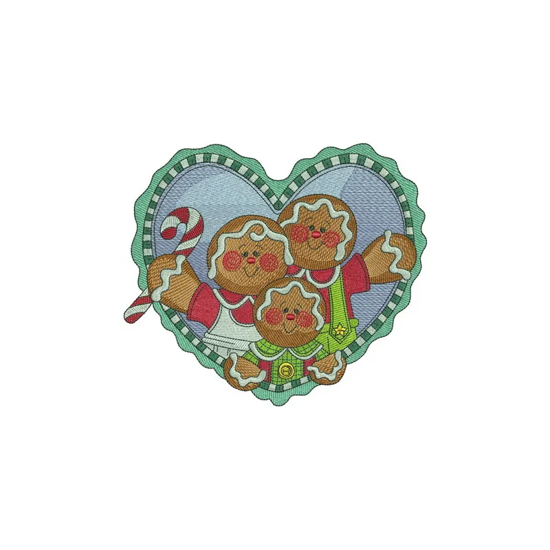 Gingerbread family embroidery design showcasing cheerful cookie characters, perfect for holiday stitching projects.