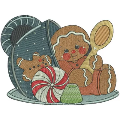 Preview of the Tea Time for Gingerbread Man embroidery design showcasing a whimsical gingerbread character.