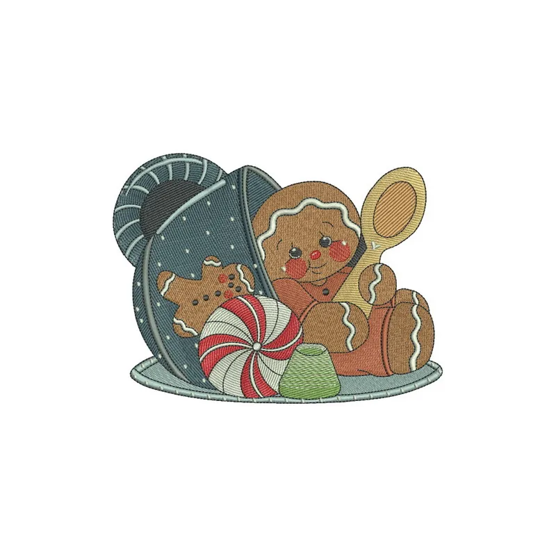 Preview of the Tea Time for Gingerbread Man embroidery design showcasing a whimsical gingerbread character.