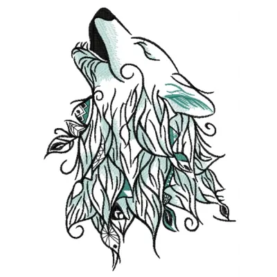 Howling wolf embroidery design showcasing intricate stitching patterns for bags, shirts, and more.