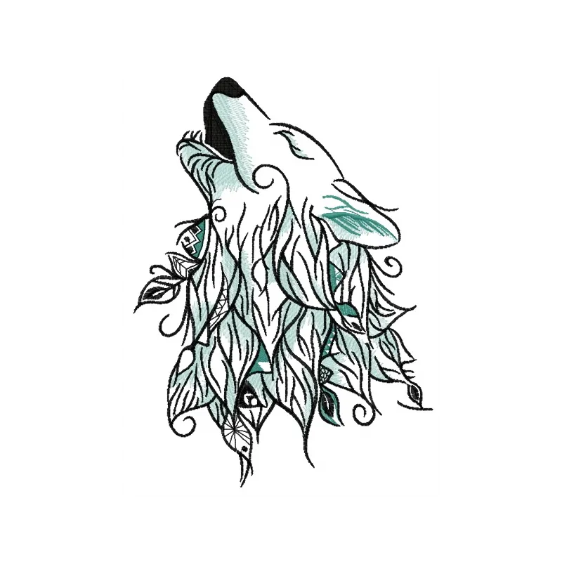 Howling wolf embroidery design showcasing intricate stitching patterns for bags, shirts, and more.