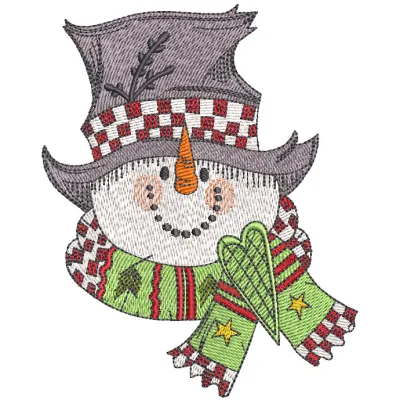 Snowman in top hat embroidery design showcasing a charming winter motif for festive stitching projects.