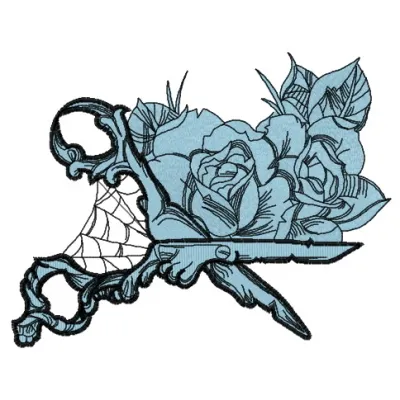 Gothic scissors embroidery design preview showcasing intricate stitching patterns for craft projects.