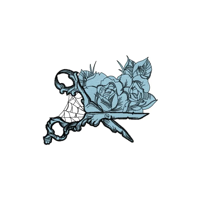 Gothic scissors embroidery design preview showcasing intricate stitching patterns for craft projects.