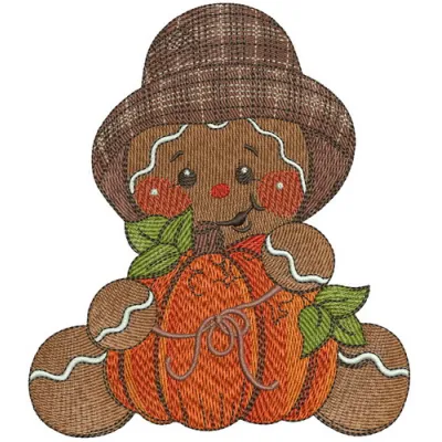 Embroidery design of a gingerbread man holding a pumpkin, perfect for festive stitching projects.