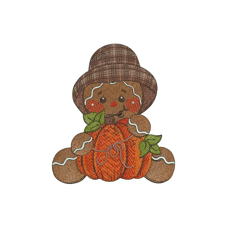 Embroidery design of a gingerbread man holding a pumpkin, perfect for festive stitching projects.