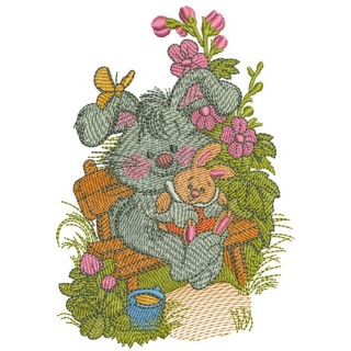 Bunny with toy bunny embroidery design - Embroidery Design
