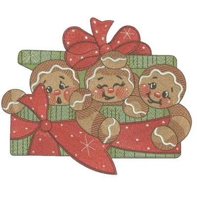 Gingerbread trio embroidery design featuring three charming gingerbread figures for festive stitching projects.