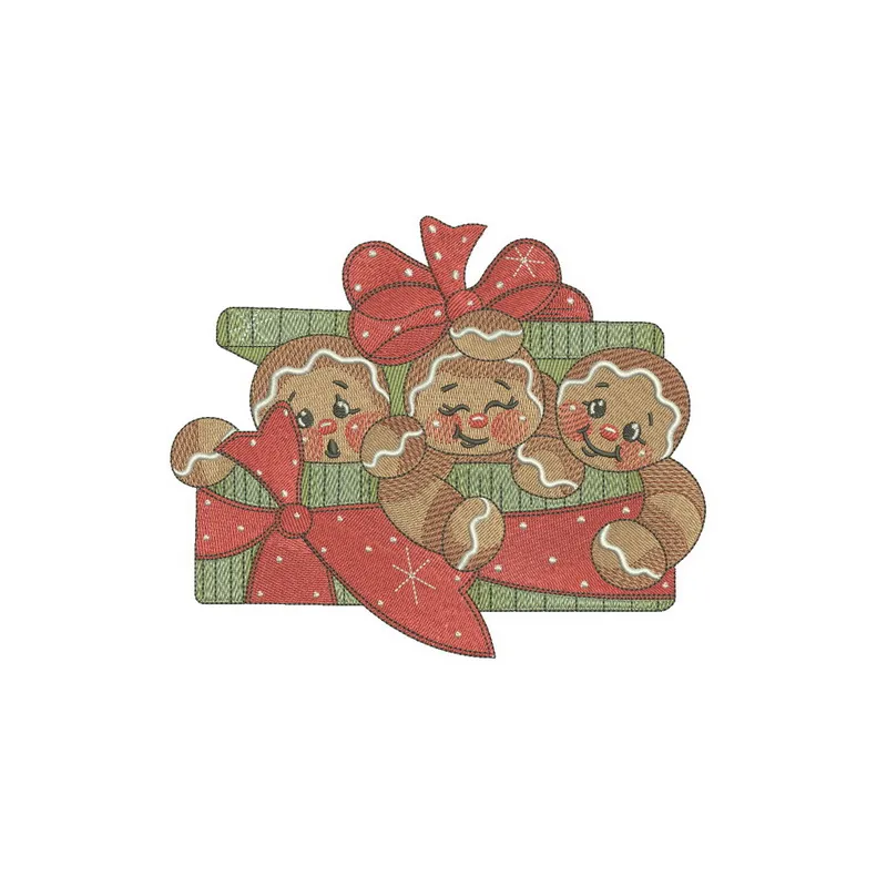 Gingerbread trio embroidery design featuring three charming gingerbread figures for festive stitching projects.