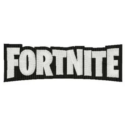 Fortnite wordmark logo embroidery design displayed on a fabric sample, showcasing detailed stitching patterns.