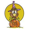 Owl in a witch hat embroidery design, showcasing a whimsical stitched motif perfect for Halloween-themed projects.