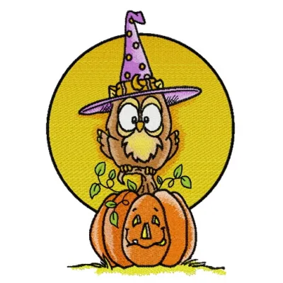 Owl in a witch hat embroidery design, showcasing a whimsical stitched motif perfect for Halloween-themed projects.