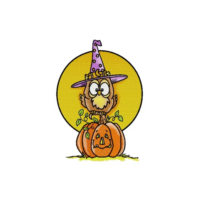 Owl in a witch hat embroidery design, showcasing a whimsical stitched motif perfect for Halloween-themed projects.