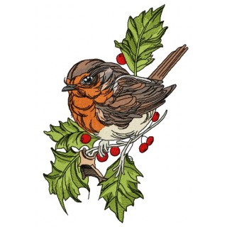 Robin on branch of holly  embroidery design - Embroidery Design