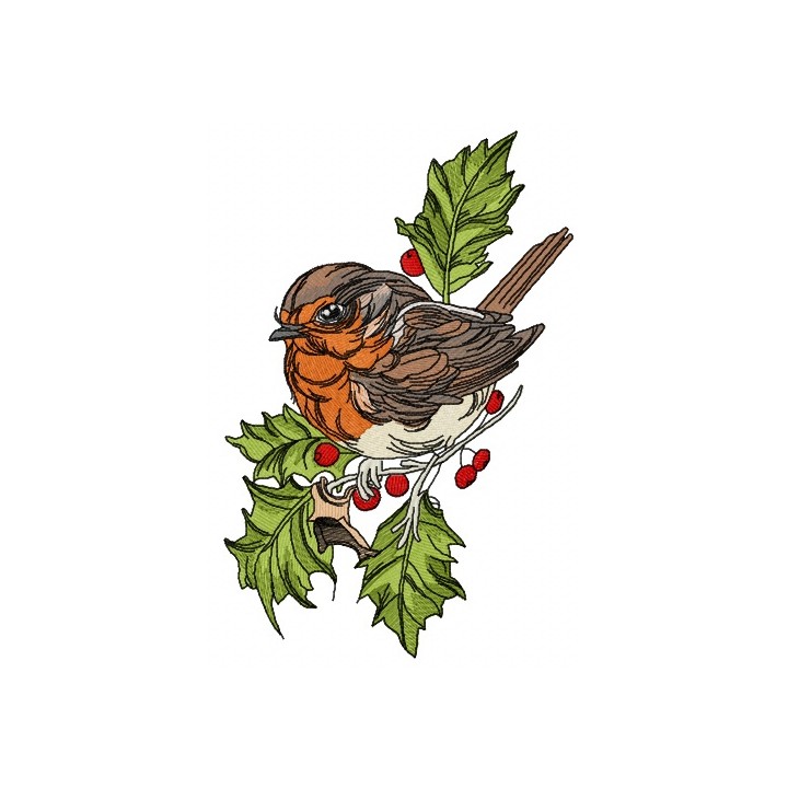 Robin on branch of holly  embroidery design - Embroidery Design