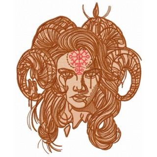 Horny demon with pictograph on forehead embroidery design - Embroidery Design