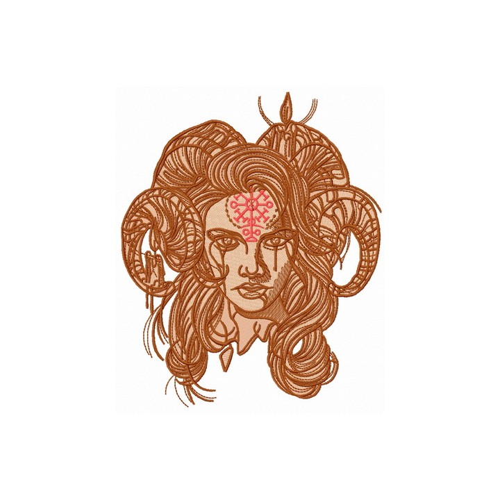 Horny demon with pictograph on forehead embroidery design - Embroidery Design