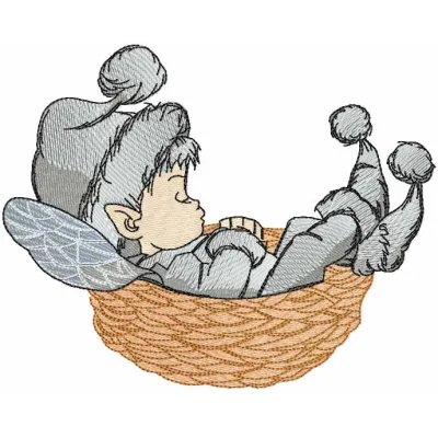 Winter elf embroidery design showcasing a whimsical elf character, perfect for stitching on holiday projects.