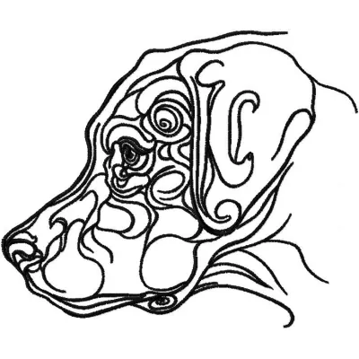 Black labrador embroidery design showcasing a detailed stitched motif of a friendly dog, perfect for various fabric projects.
