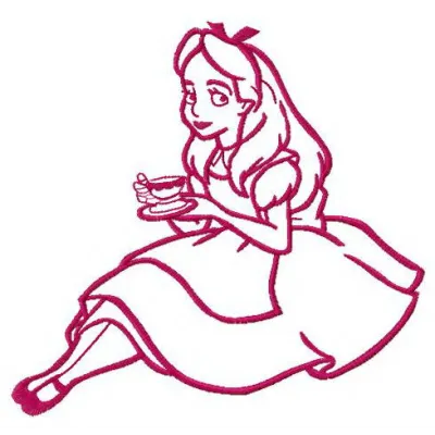 Young lady Alice embroidery design inspired by Alice in Wonderland, showcasing intricate stitching details.