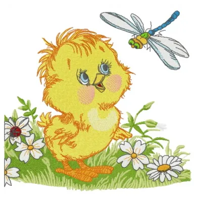 Curious chicken embroidery design featuring a whimsical farm animal motif, perfect for stitching on various fabrics.