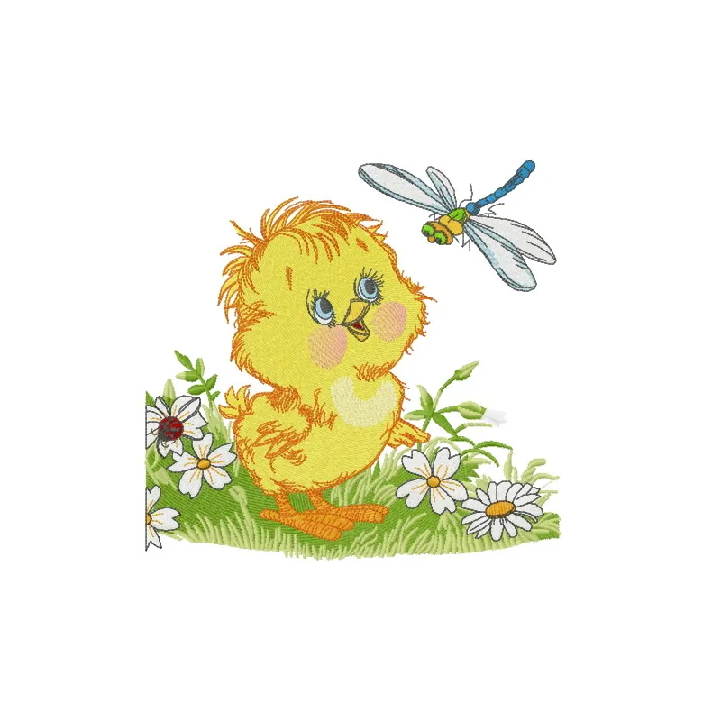 Curious chicken embroidery design featuring a whimsical farm animal motif, perfect for stitching on various fabrics.