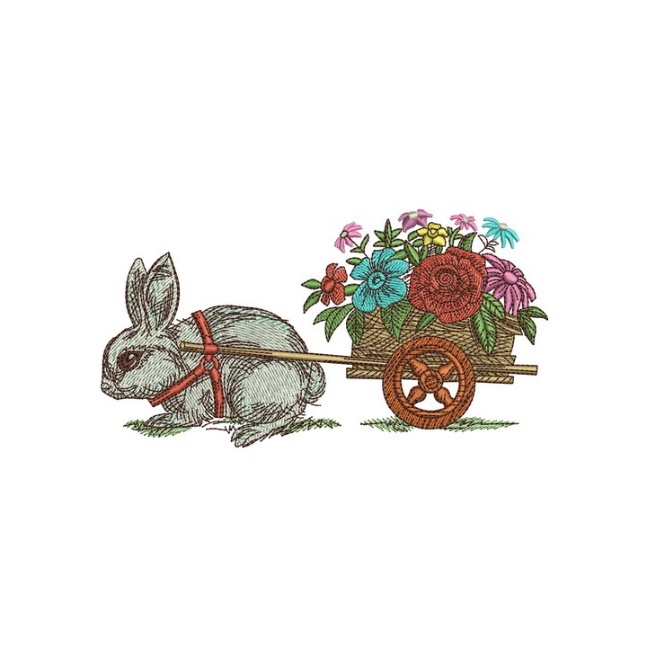 Bunny and cart with flowers embroidery design - Embroidery Design