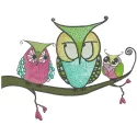 Bizarre owls embroidery design showcasing whimsical owls in vibrant colors, perfect for creative stitching projects.