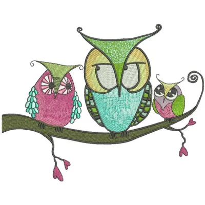 Bizarre owls embroidery design showcasing whimsical owls in vibrant colors, perfect for creative stitching projects.