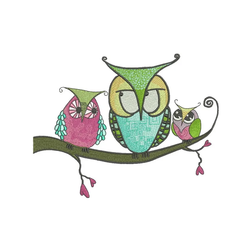 Bizarre owls embroidery design showcasing whimsical owls in vibrant colors, perfect for creative stitching projects.