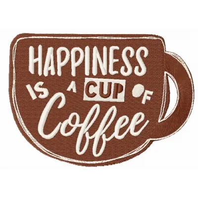 Happiness is a cup of coffee embroidery design featuring a whimsical coffee cup motif, perfect for tote bags or kitchen towe…