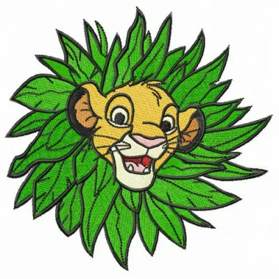 Simba in leaf collar embroidery design featuring a playful lion motif, perfect for children's apparel and accessories.
