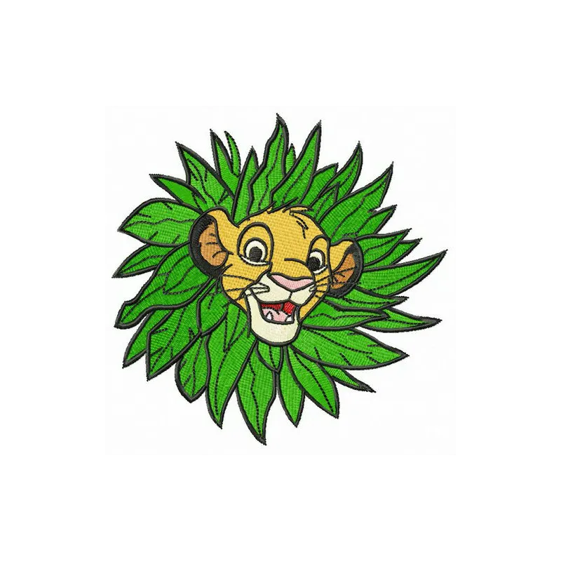 Simba in leaf collar embroidery design featuring a playful lion motif, perfect for children's apparel and accessories.