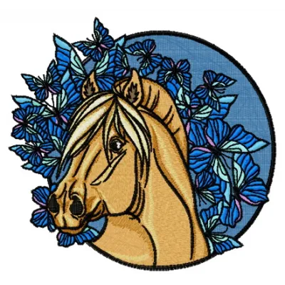 Embroidery design featuring a majestic horse surrounded by delicate blue butterflies, perfect for various projects.