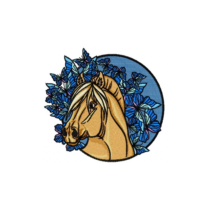 Horse and blue butterflies embroidery design - Embroidery Design
