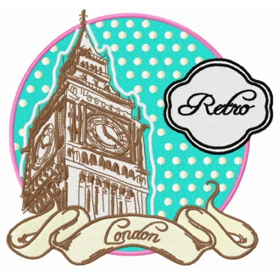 Retro London embroidery design showcasing iconic landmarks, perfect for adding charm to t-shirts and tote bags.