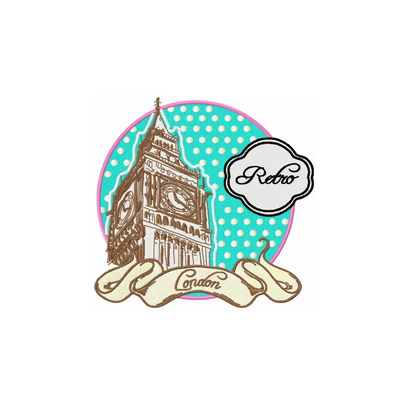 Retro London embroidery design showcasing iconic landmarks, perfect for adding charm to t-shirts and tote bags.