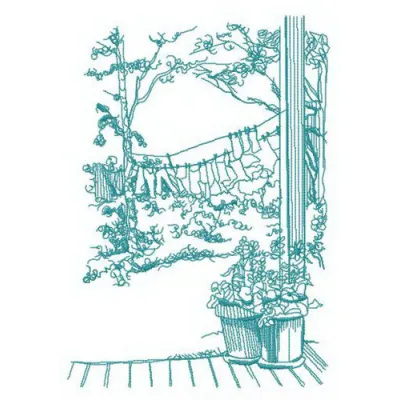 Washing in the countryside embroidery design featuring a serene summer scene, ideal for stitching on towels or pillows.
