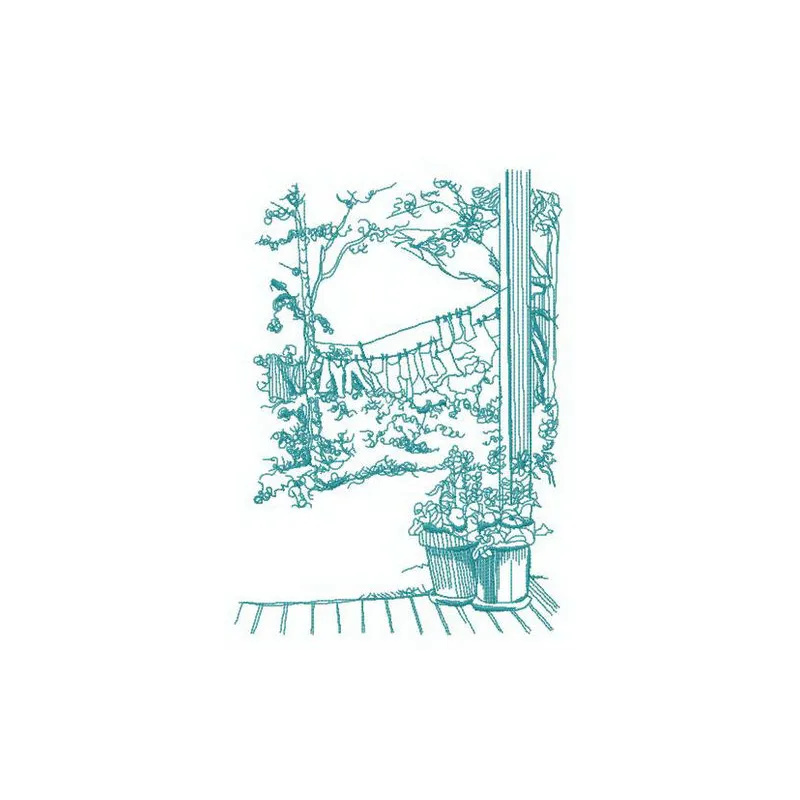 Washing in the countryside embroidery design featuring a serene summer scene, ideal for stitching on towels or pillows.