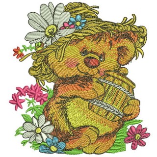 Rustic bear with honey pot embroidery design - Embroidery Design