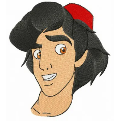 Preview of Aladdin face embroidery design, showcasing intricate details for stitching on various fabric items.