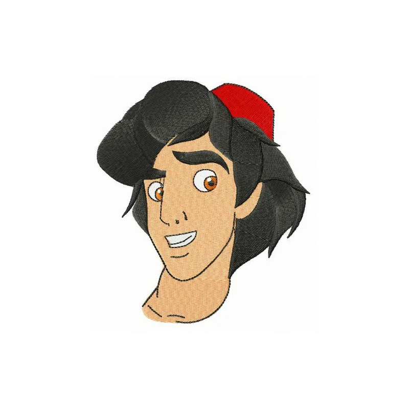 Preview of Aladdin face embroidery design, showcasing intricate details for stitching on various fabric items.