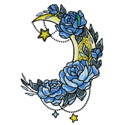 Vernal moon embroidery design showcasing intricate stitching patterns of a celestial motif.
