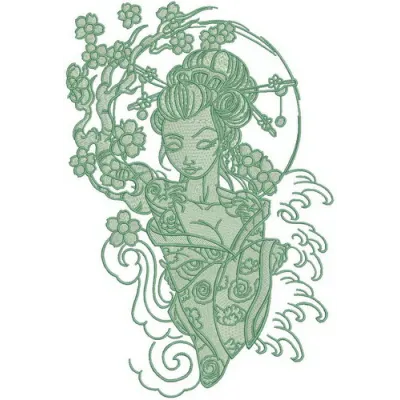 Shy geisha 3 embroidery design showcasing an intricate Oriental pattern, ideal for embellishing garments and accessories.