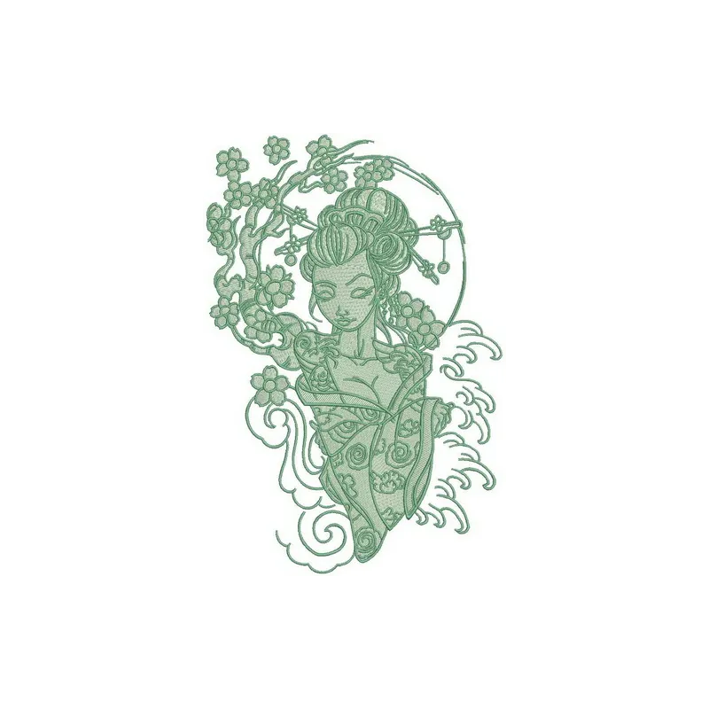 Shy geisha 3 embroidery design showcasing an intricate Oriental pattern, ideal for embellishing garments and accessories.