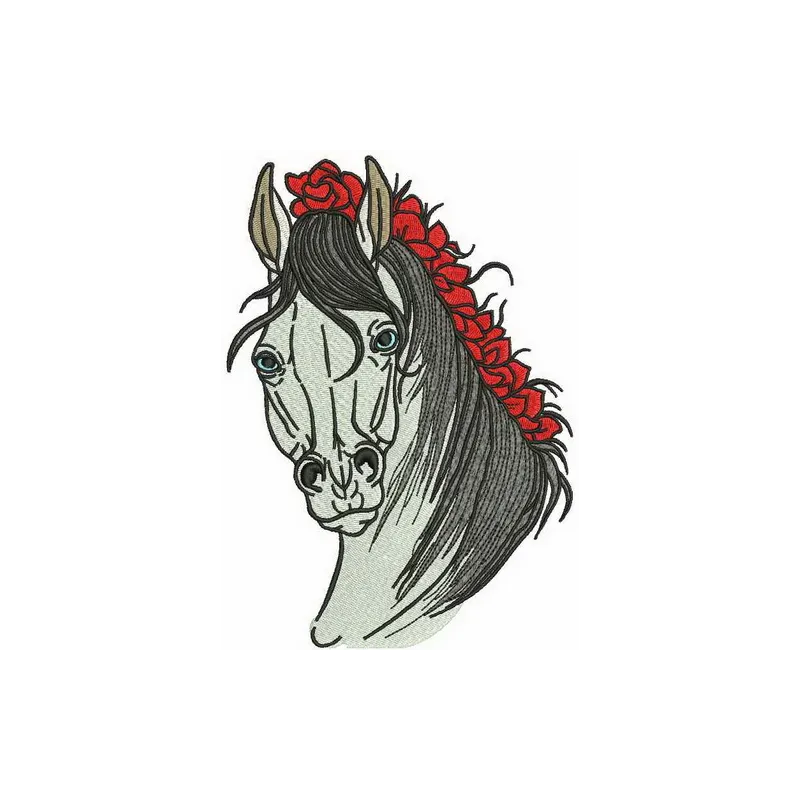 Embroidery design of a horse with a knitted mane, showcasing intricate stitching patterns for creative projects.