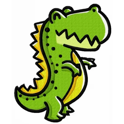 Smiling tyrannosaurus embroidery design featuring a cheerful dinosaur, ideal for children's clothing and accessories.